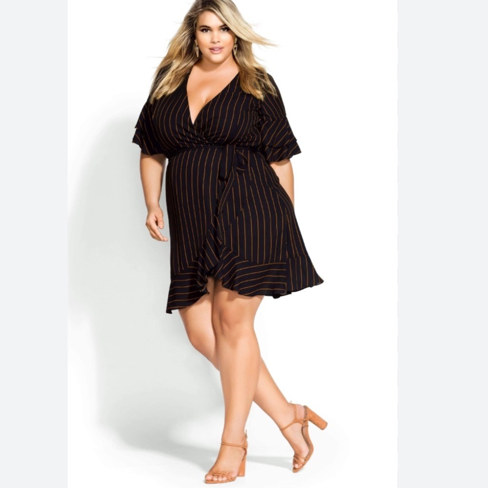 City Chic Golden Stripe Wrap Front Dress - Size 14
